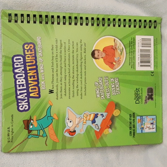 Disney Phineas and Ferb Skateboard Adventures Hardcover Book w/Wind-up Toy - Picture 2 of 11